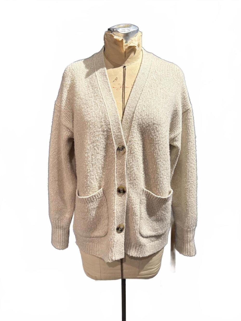 Reiss Beige Button-Up Knit Cardigan Sweater with Pockets